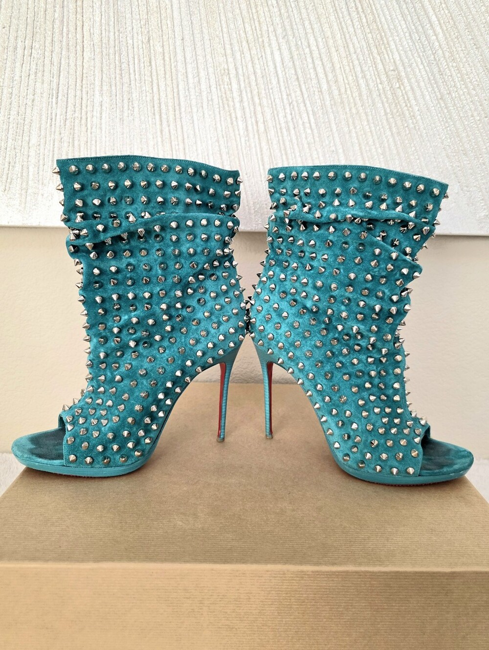Christian Louboutin Aqua Suede Silver Spiked Open Toe Ankle Boots Size 38 US 7-9 - Picture 7 of 14